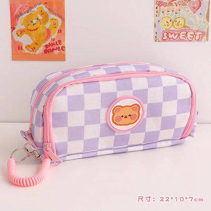 Student Pen Bag Double Zipper Design Large Capacity Stationery Box Checkerboard Cute Bear Marker Bag Pencil Bag