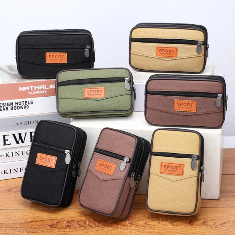 Stylish Canvas Mobile Phone Bag for Men Belt Handbag with Large Capacity and Layered Zipper Closure