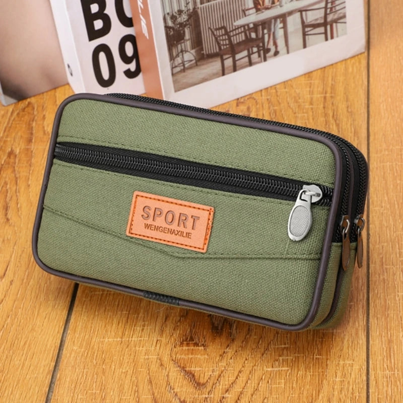 Stylish Canvas Mobile Phone Bag for Men Belt Handbag with Large Capacity and Layered Zipper Closure