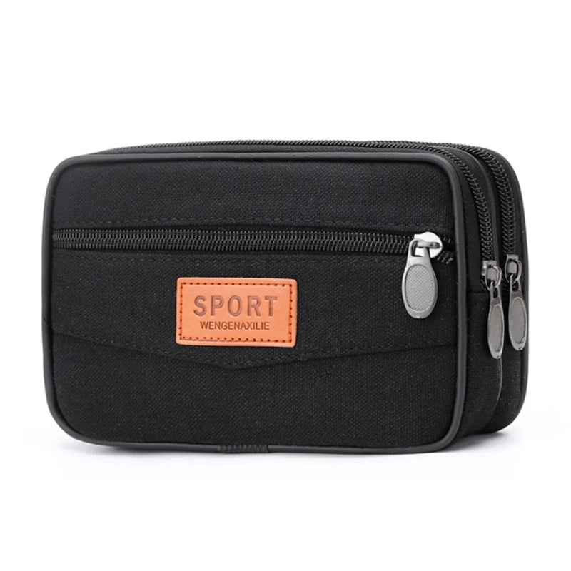 Stylish Canvas Mobile Phone Bag for Men Belt Handbag with Large Capacity and Layered Zipper Closure