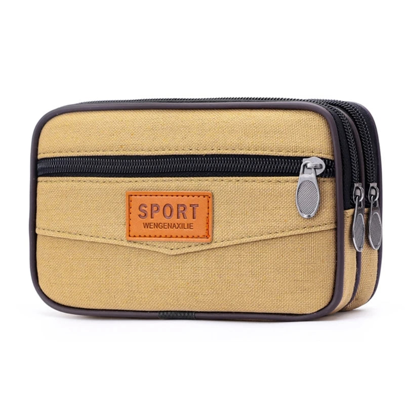 Stylish Canvas Mobile Phone Bag for Men Belt Handbag with Large Capacity and Layered Zipper Closure