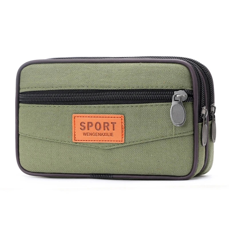 Stylish Canvas Mobile Phone Bag for Men Belt Handbag with Large Capacity and Layered Zipper Closure
