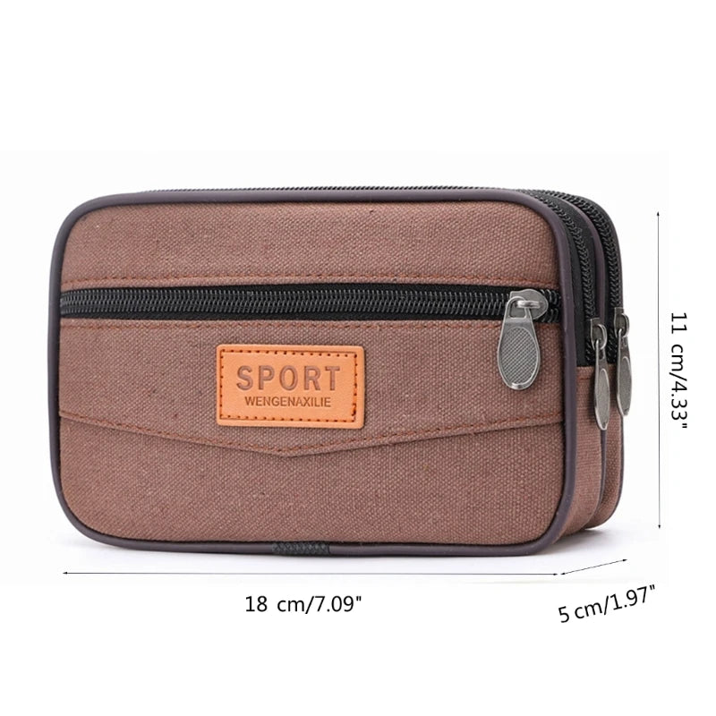Stylish Canvas Mobile Phone Bag for Men Belt Handbag with Large Capacity and Layered Zipper Closure