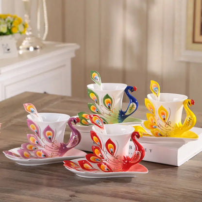 Stylish Ceramic Peacock Coffee Mug and Spoon Set