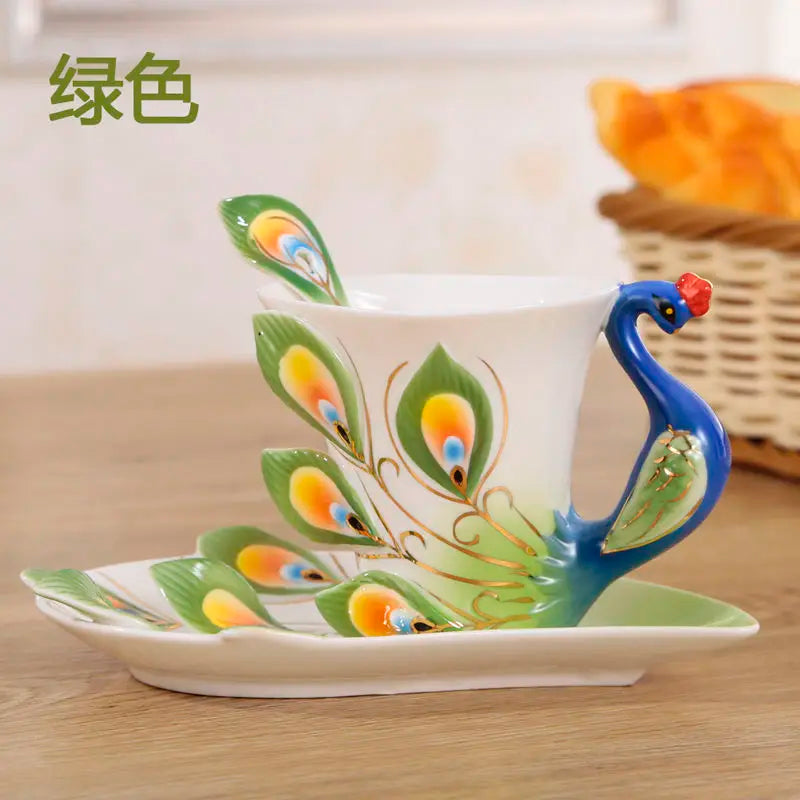 Stylish Ceramic Peacock Coffee Mug and Spoon Set