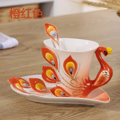 Stylish Ceramic Peacock Coffee Mug and Spoon Set