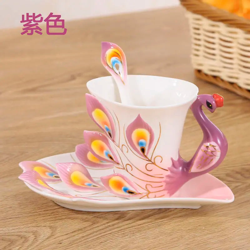 Stylish Ceramic Peacock Coffee Mug and Spoon Set