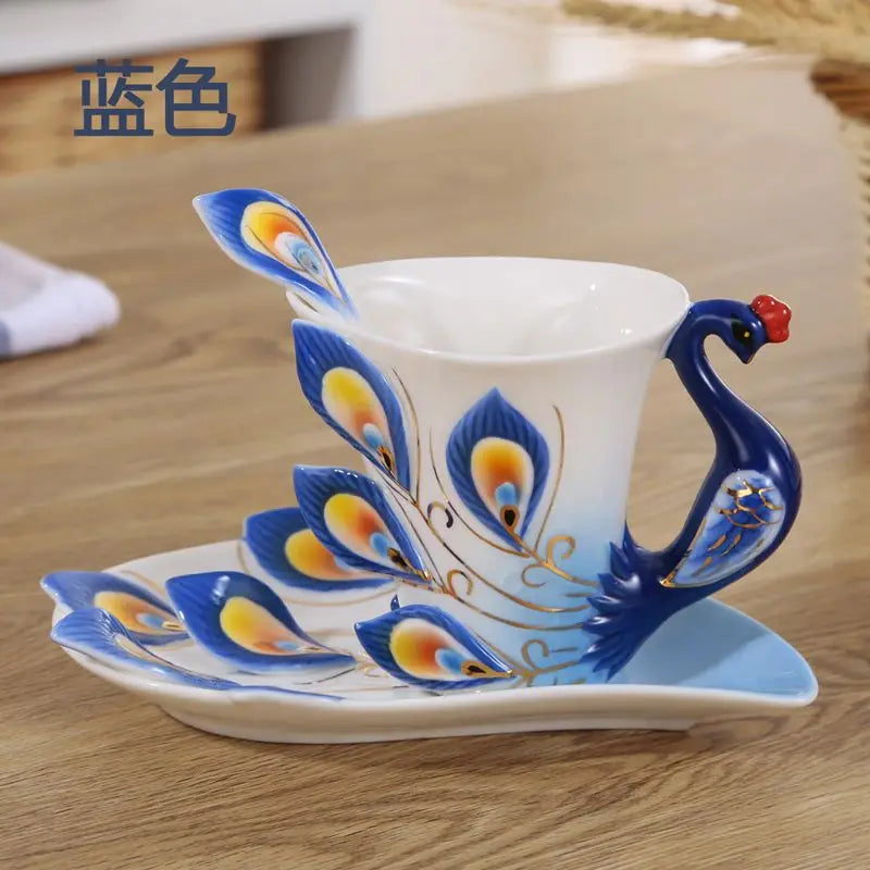 Stylish Ceramic Peacock Coffee Mug and Spoon Set