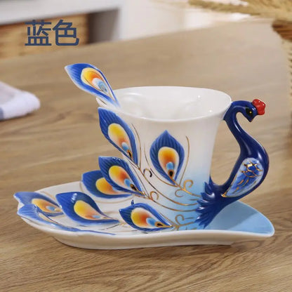 Stylish Ceramic Peacock Coffee Mug and Spoon Set