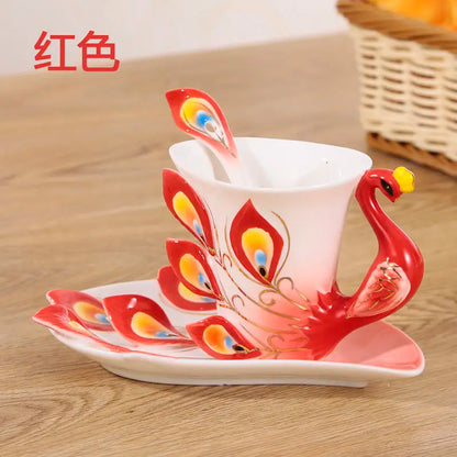 Stylish Ceramic Peacock Coffee Mug and Spoon Set