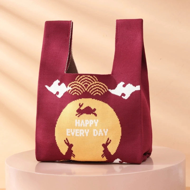 Stylish Knitted Handbag with Moon Rabbit Pattern Perfect Gift for Friends and Family on Moon Festival