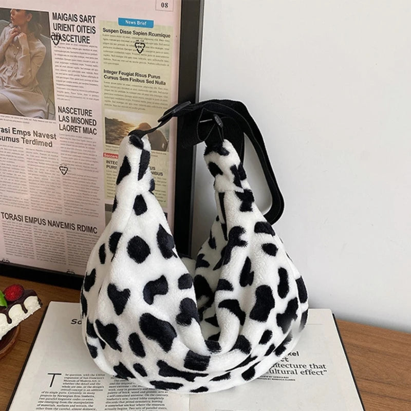 Stylish Single Shoulder Plush Bag with Lovely Cow Designs Lightweight Handbag