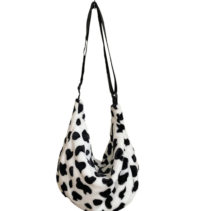 Stylish Single Shoulder Plush Bag with Lovely Cow Designs Lightweight Handbag