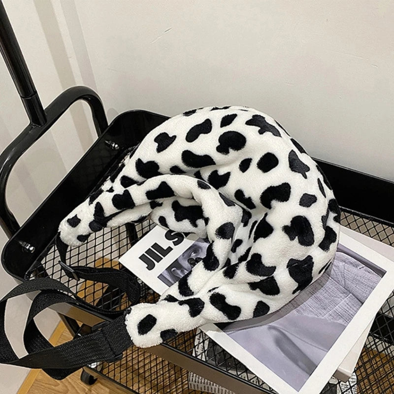 Stylish Single Shoulder Plush Bag with Lovely Cow Designs Lightweight Handbag