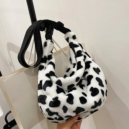 Stylish Single Shoulder Plush Bag with Lovely Cow Designs Lightweight Handbag