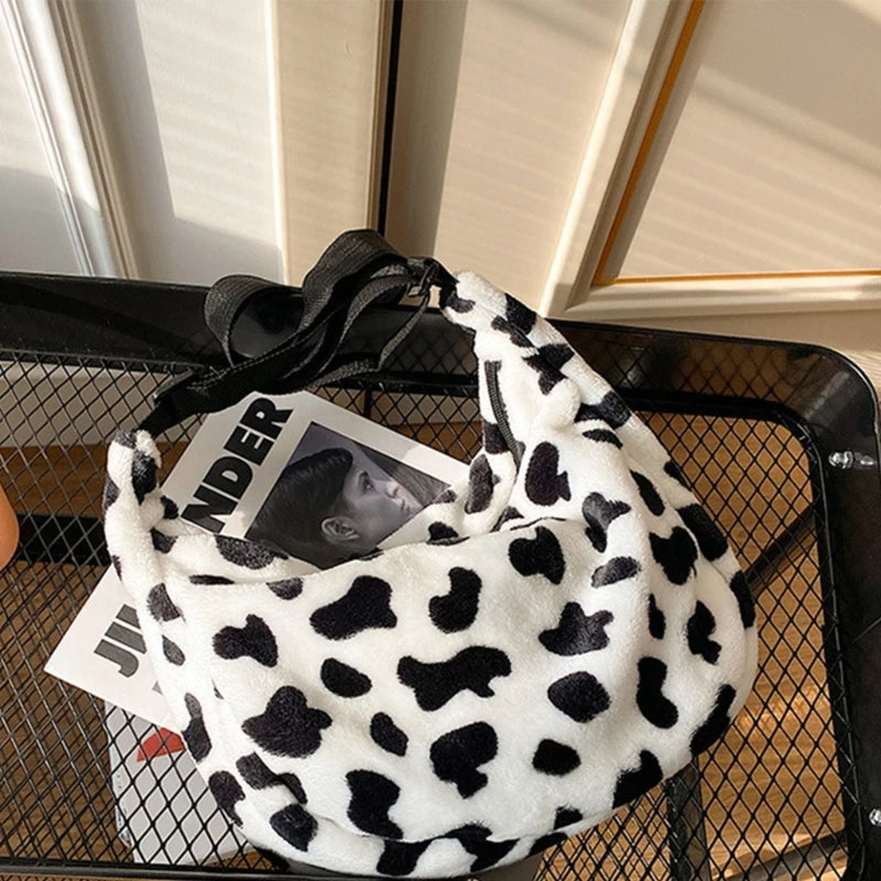 Stylish Single Shoulder Plush Bag with Lovely Cow Designs Lightweight Handbag