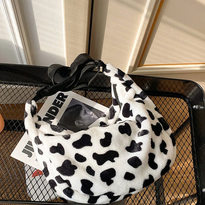 Stylish Single Shoulder Plush Bag with Lovely Cow Designs Lightweight Handbag