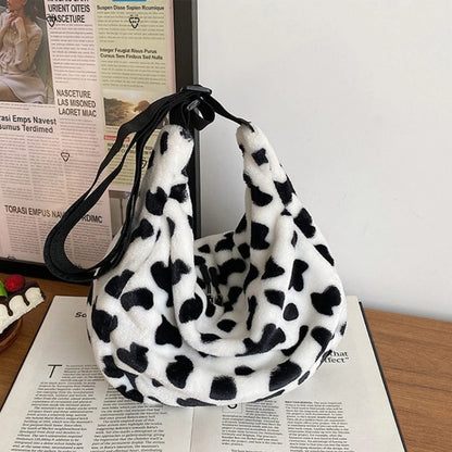 Stylish Single Shoulder Plush Bag with Lovely Cow Designs Lightweight Handbag