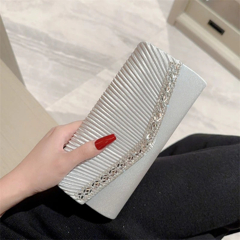 Stylish Women Pleated Evening Clutch Bag Handbag Shoulder Crossbody Bags Wedding Prom Party Purse with Detachable Chain