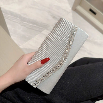 Stylish Women Pleated Evening Clutch Bag Handbag Shoulder Crossbody Bags Wedding Prom Party Purse with Detachable Chain