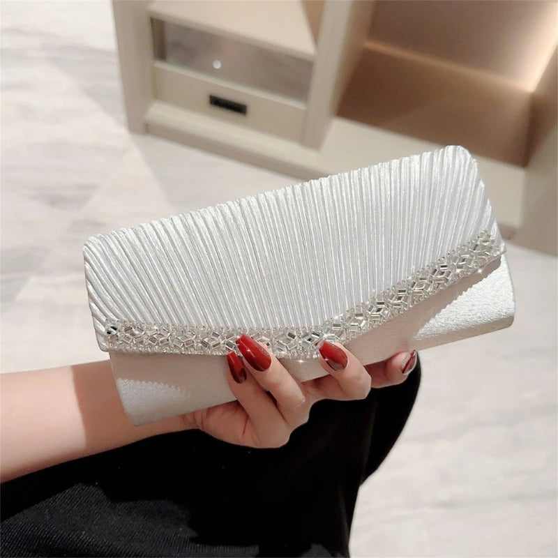 Stylish Women Pleated Evening Clutch Bag Handbag Shoulder Crossbody Bags Wedding Prom Party Purse with Detachable Chain