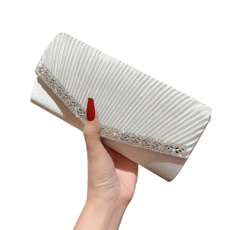 Stylish Women Pleated Evening Clutch Bag Handbag Shoulder Crossbody Bags Wedding Prom Party Purse with Detachable Chain