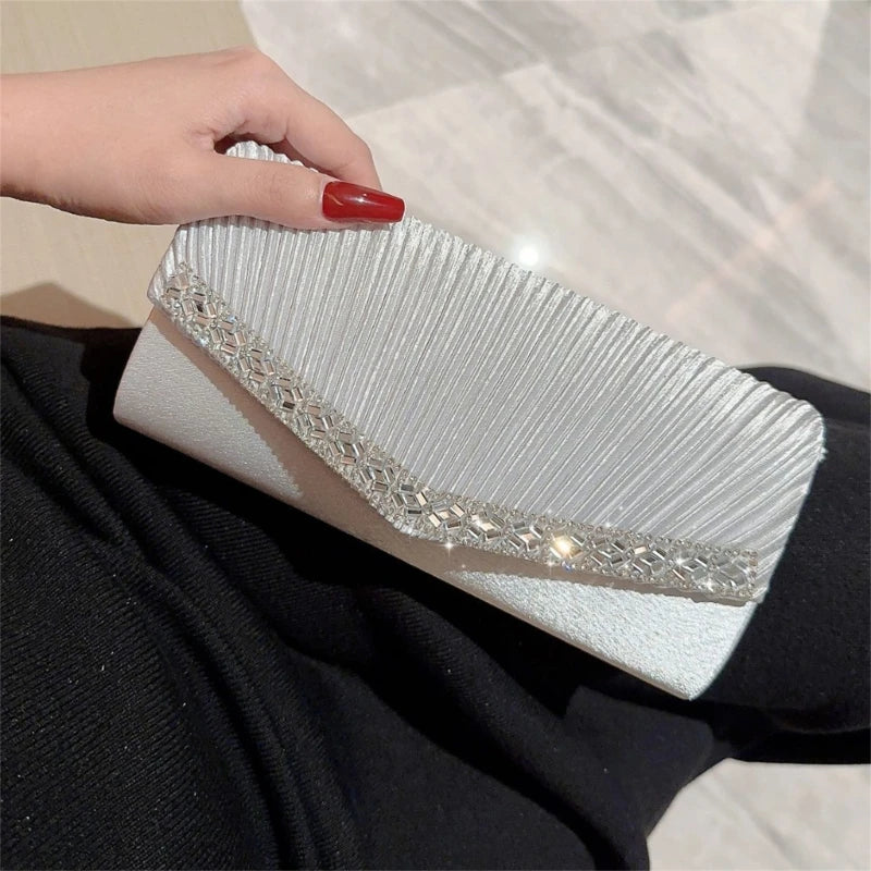 Stylish Women Pleated Evening Clutch Bag Handbag Shoulder Crossbody Bags Wedding Prom Party Purse with Detachable Chain