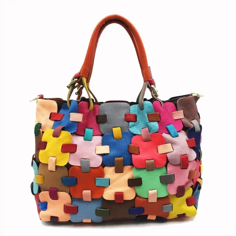 Stylish Women's Bag Handmade Patchwork Colored Genuine Leather Handbags Female High Quality Luxury Large Capacity Tote Purses