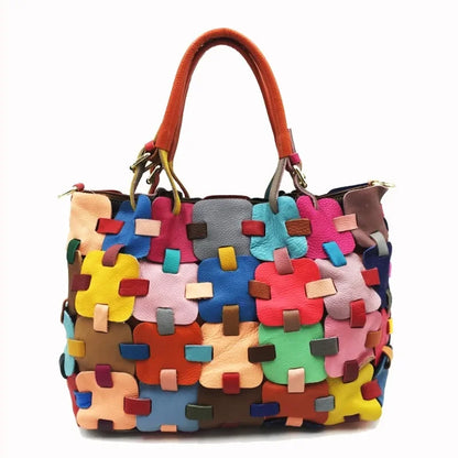 Stylish Women's Bag Handmade Patchwork Colored Genuine Leather Handbags Female High Quality Luxury Large Capacity Tote Purses