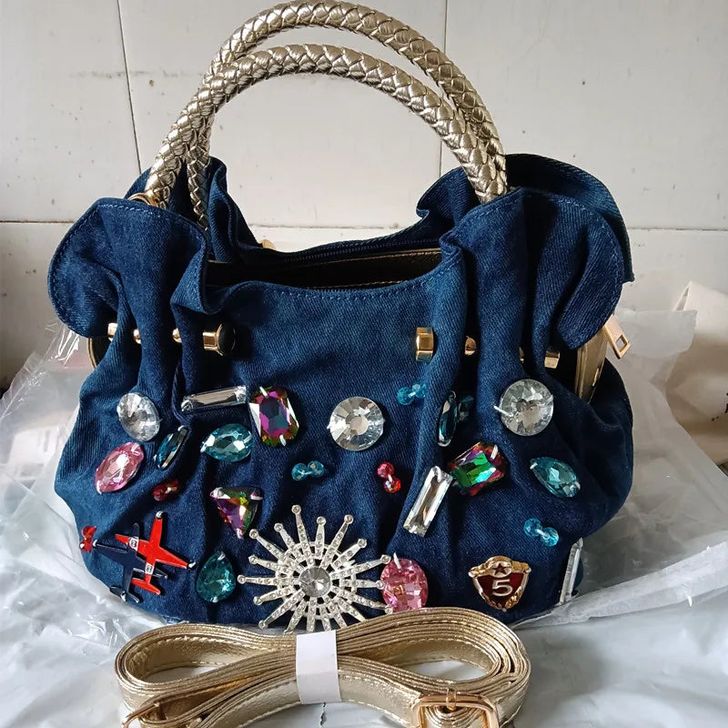 Stylish diamond  Woman Denim Handbags  Vintage Luxury Rhinestone Shoulder Bags Purses Diamond Ladies Tote Messenger Bags