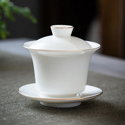 Suet Jade White Porcelain Gaiwan Teacup Handmade Ceramic Tea Tureen Home Teaware Drinkware Travel Cup Chinese Tea Ceremony