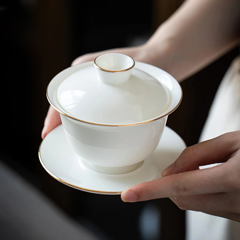 Suet Jade White Porcelain Gaiwan Teacup Handmade Ceramic Tea Tureen Home Teaware Drinkware Travel Cup Chinese Tea Ceremony