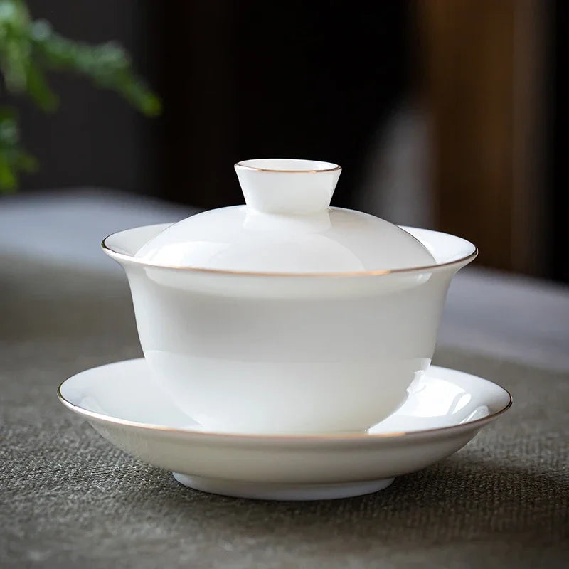 Suet Jade White Porcelain Gaiwan Teacup Handmade Ceramic Tea Tureen Home Teaware Drinkware Travel Cup Chinese Tea Ceremony
