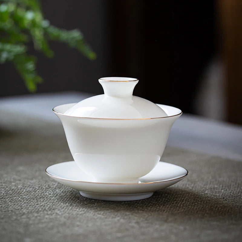 Suet Jade White Porcelain Gaiwan Teacup Handmade Ceramic Tea Tureen Home Teaware Drinkware Travel Cup Chinese Tea Ceremony