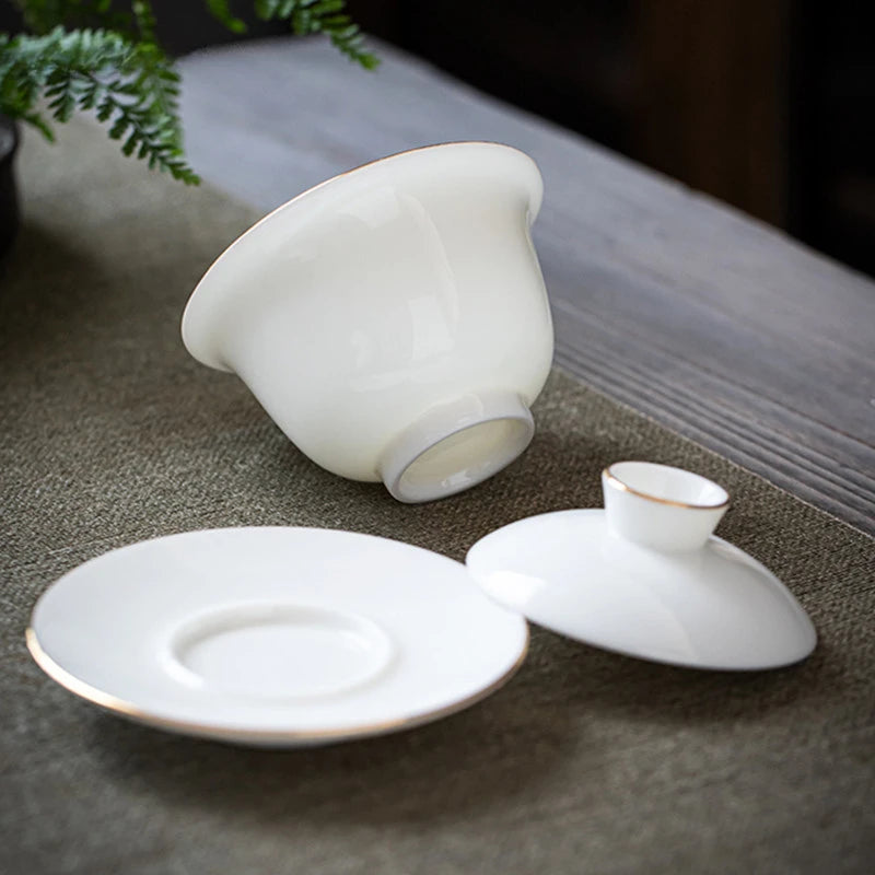 Suet Jade White Porcelain Gaiwan Teacup Handmade Ceramic Tea Tureen Home Teaware Drinkware Travel Cup Chinese Tea Ceremony