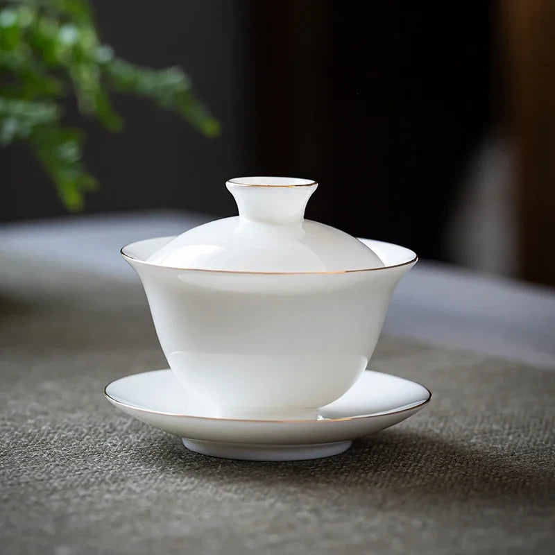 Suet Jade White Porcelain Gaiwan Teacup Handmade Ceramic Tea Tureen Home Teaware Drinkware Travel Cup Chinese Tea Ceremony