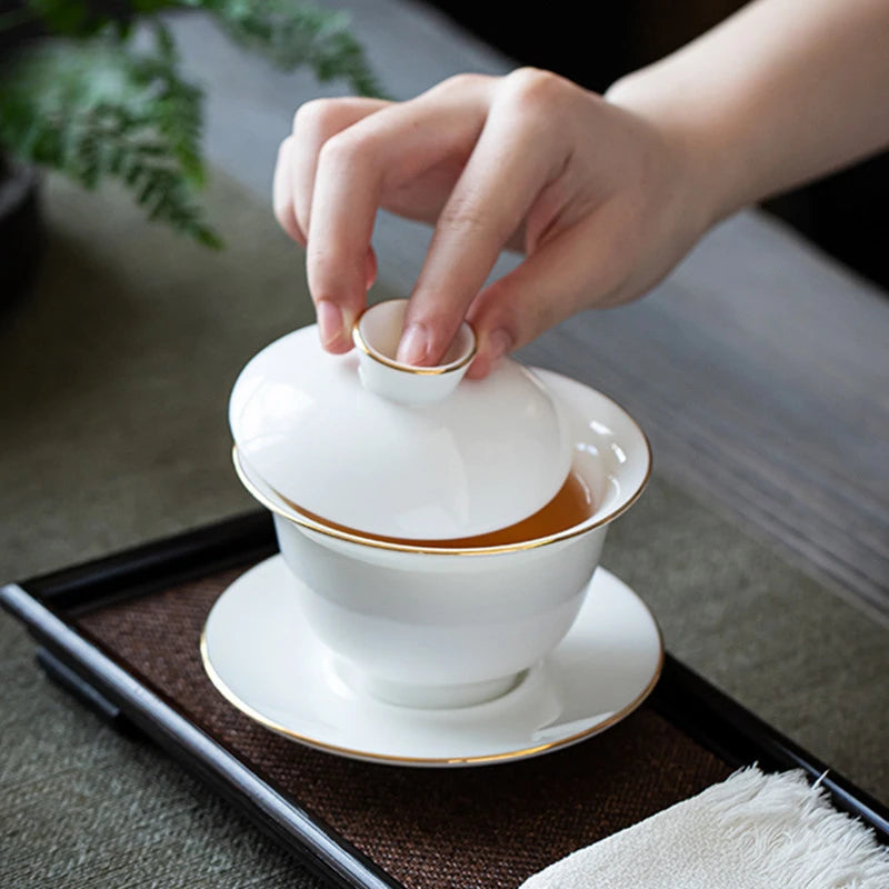 Suet Jade White Porcelain Gaiwan Teacup Handmade Ceramic Tea Tureen Home Teaware Drinkware Travel Cup Chinese Tea Ceremony