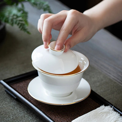 Suet Jade White Porcelain Gaiwan Teacup Handmade Ceramic Tea Tureen Home Teaware Drinkware Travel Cup Chinese Tea Ceremony