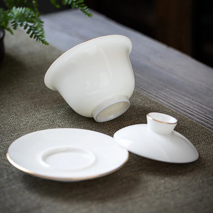 Suet Jade White Porcelain Gaiwan Teacup Handmade Ceramic Tea Tureen Home Teaware Drinkware Travel Cup Chinese Tea Ceremony