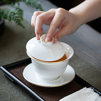 Suet Jade White Porcelain Gaiwan Teacup Handmade Ceramic Tea Tureen Home Teaware Drinkware Travel Cup Chinese Tea Ceremony