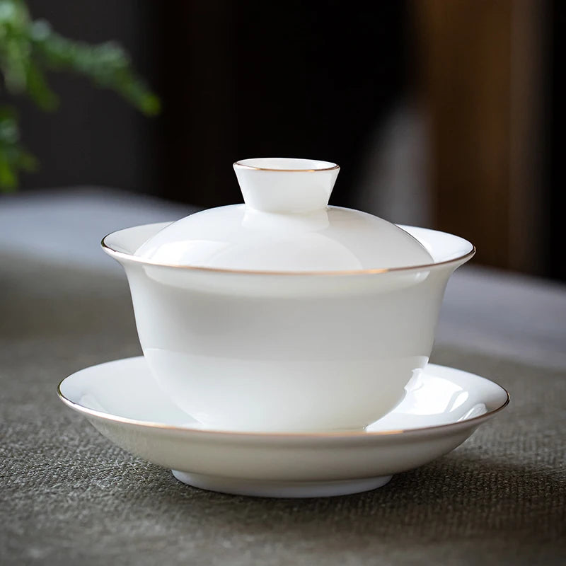 Suet Jade White Porcelain Gaiwan Teacup Handmade Ceramic Tea Tureen Home Teaware Drinkware Travel Cup Chinese Tea Ceremony