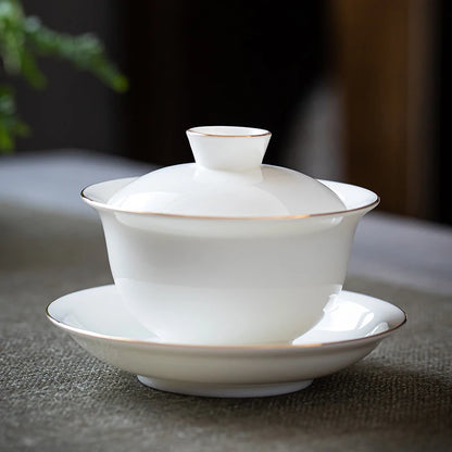 Suet Jade White Porcelain Gaiwan Teacup Handmade Ceramic Tea Tureen Home Teaware Drinkware Travel Cup Chinese Tea Ceremony