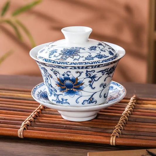 Suet Jade White Porcelain Tea Cup, Blue and White Tea Bowl, Kung Fu Tea Set, Ceramic Sancai Cover