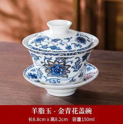 Suet Jade White Porcelain Tea Cup, Blue and White Tea Bowl, Kung Fu Tea Set, Ceramic Sancai Cover