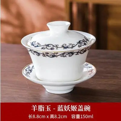 Suet Jade White Porcelain Tea Cup, Blue and White Tea Bowl, Kung Fu Tea Set, Ceramic Sancai Cover