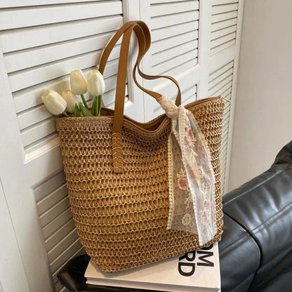 Summer Large Capacity Tote Bag Women Shoulder Bags Handmade Woven Bag Fresh Rural Handheld Grass Woven Women Bags
