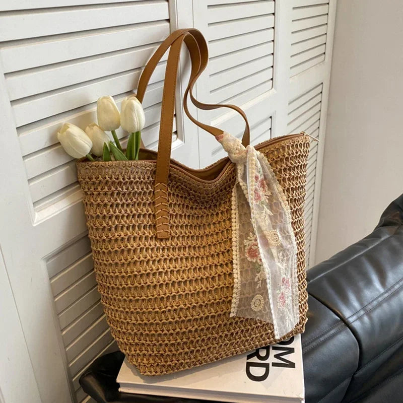 Summer Large Capacity Tote Bag Women Shoulder Bags Handmade Woven Bag Fresh Rural Handheld Grass Woven Women Bags