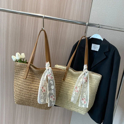 Summer Large Capacity Tote Bag Women Shoulder Bags Handmade Woven Bag Fresh Rural Handheld Grass Woven Women Bags