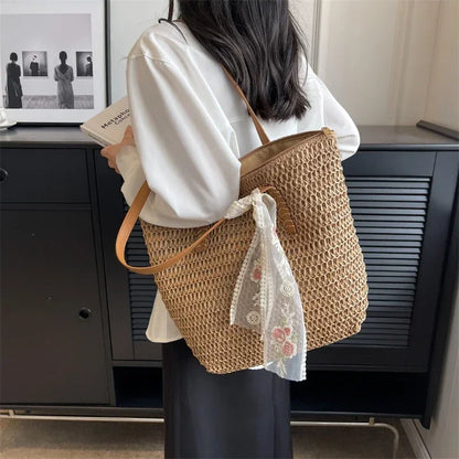 Summer Large Capacity Tote Bag Women Shoulder Bags Handmade Woven Bag Fresh Rural Handheld Grass Woven Women Bags