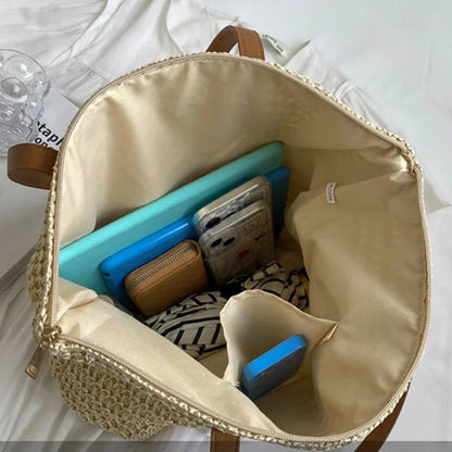 Summer Large Capacity Tote Bag Women Shoulder Bags Handmade Woven Bag Fresh Rural Handheld Grass Woven Women Bags